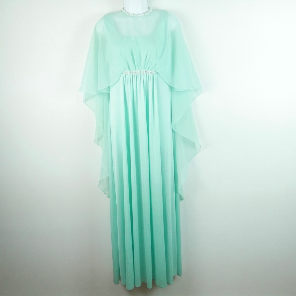 Vintage Emma Domb Mint Green Chiffon Capelet Maxi Dress 70s 60s S Hollywood Glam